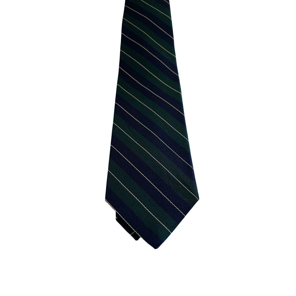 Churchill Collection Mens Silk Tie Green Navy Blue Gold Striped Repp Necktie